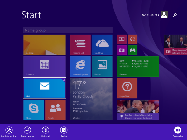 Slik viser du app-linjen for en flis på startskjermen i Windows 8.1 Update